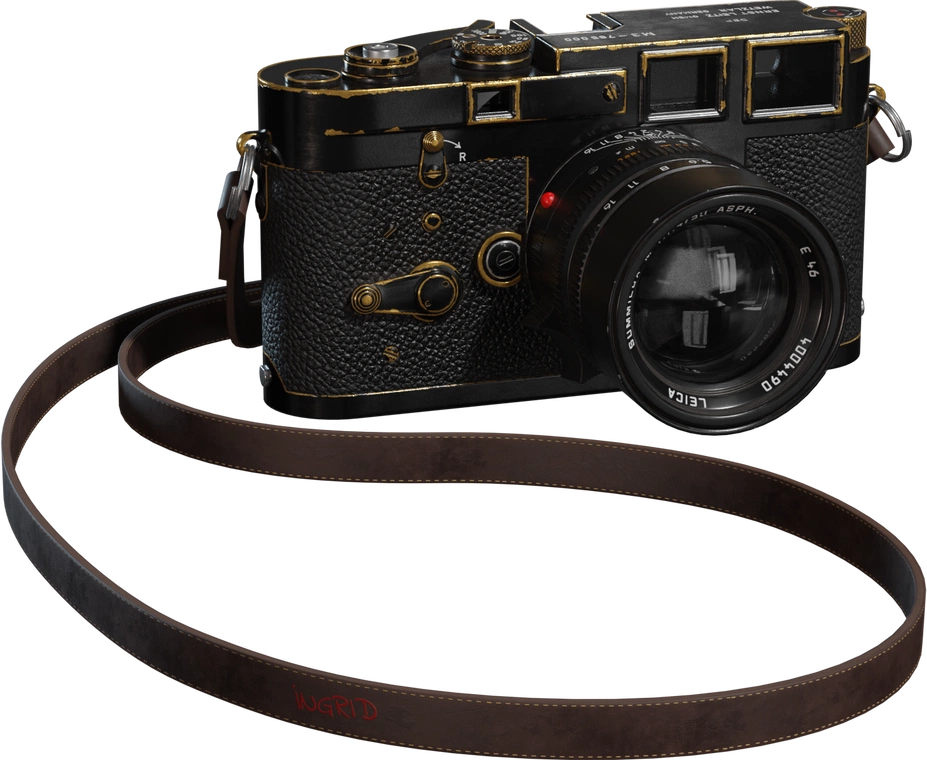 Free vintage rangefinder camera model with ornate wear, leather strap and detailed lens - high-res prop for retro scenes, stills, animations, and product shots.