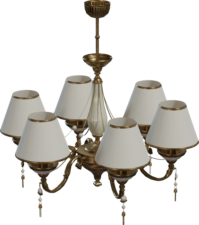 Free 4K model of an ornate vintage brass chandelier with six fabric shades, decorative beads and hanging ceiling mount, detailed for archviz and games.