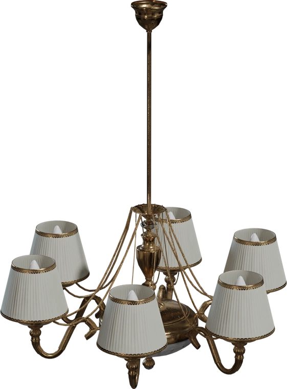 Free 4K model of an elegant vintage hanging ceiling chandelier, an ornate brass six-arm fixture with pleated fabric shades - ideal for classic interior scenes.