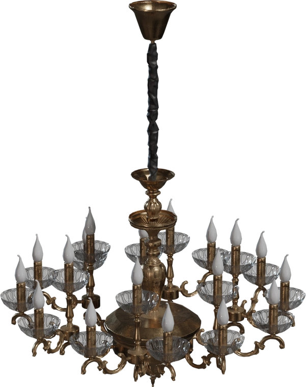 Free 4K model of an ornate hanging chandelier: elegant brass fixture with crystal dishes and multiple candle-style bulbs, perfect for classic interiors.
