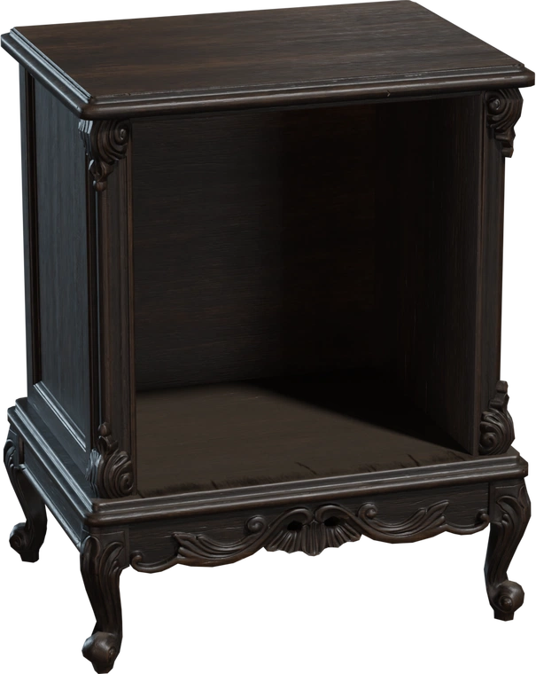 Free 4K model of a vintage Victorian Gothic wooden nightstand - ornate carved details, cabriole legs and open shelf; perfect decorative table/furniture prop.