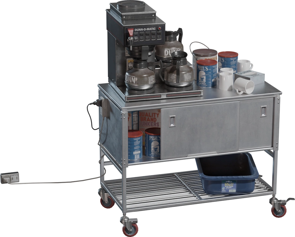 Free 4K model - industrial metal coffee cart with commercial brewer, glass carafes, storage cabinet, lower shelf bin, power cord and red caster wheels.