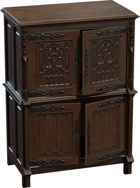 Free 4K model: vintage Gothic wooden cabinet with ornate carved panels, iron hinges and stacked shelving - characterful furniture for period interiors.
