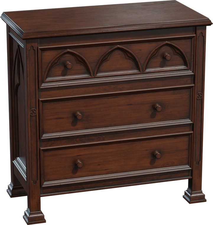 Free 4K model: vintage Gothic wooden commode with carved arches, three drawers and decorative trim.