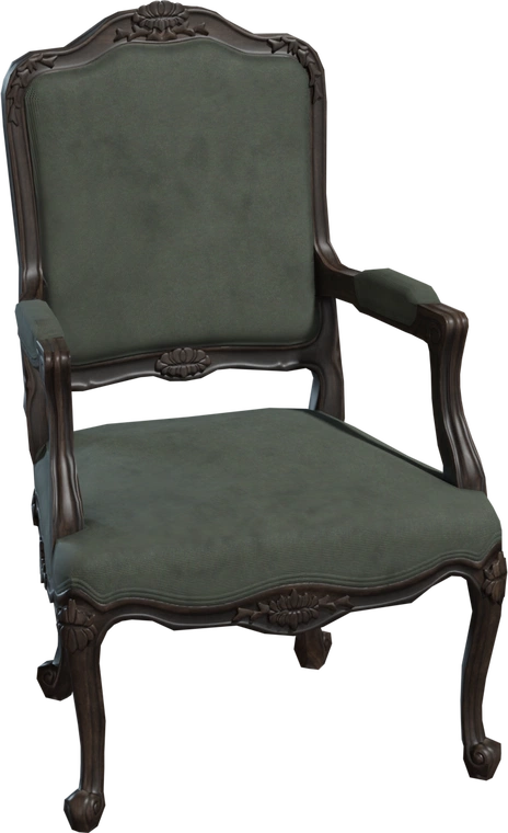 Free 4K model of a vintage Gothic wooden armchair with carved decorative details, green fabric upholstery and elegant curved legs; ideal for period interiors.