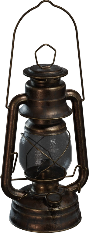 Free 4K model of an antique brass/bronze hurricane lantern with textured glass globe, worn patina, metal handle and detailed rivets for vintage character.