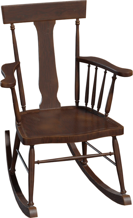 Free 4K model, solid wood vintage rocking chair with slatted back, curved legs, armrests, turned spindles and an antique worn finish.