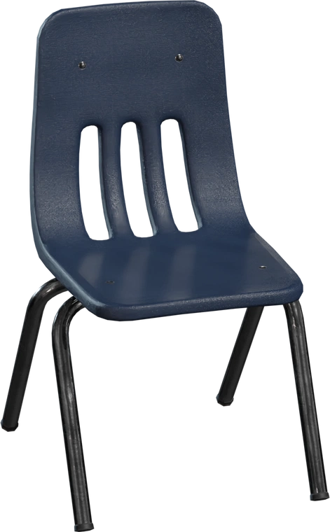 Free 4K model of a classic navy plastic school chair with tubular black metal legs, three-slot molded back, visible scuffs, and realistic painted-metal wear.