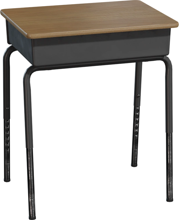 Free 4K model of a classic single-seat school desk with a wood top, gray metal storage shelf and adjustable tubular metal legs with worn finish.