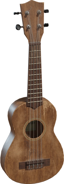 Free 4K model of a worn wooden ukulele with scuffed varnish, detailed fretboard, metal tuners and visible wood grain.