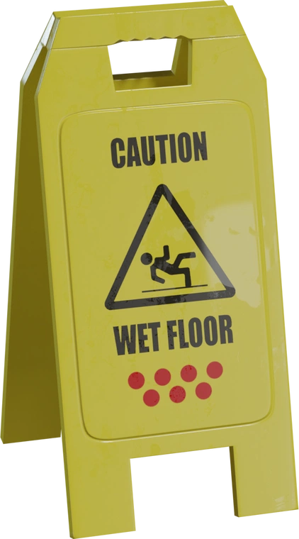 Free 4K model of a yellow plastic A-frame wet floor sign with molded handle, bold "CAUTION / WET FLOOR" icon and worn scuffs and grime for realistic detail.