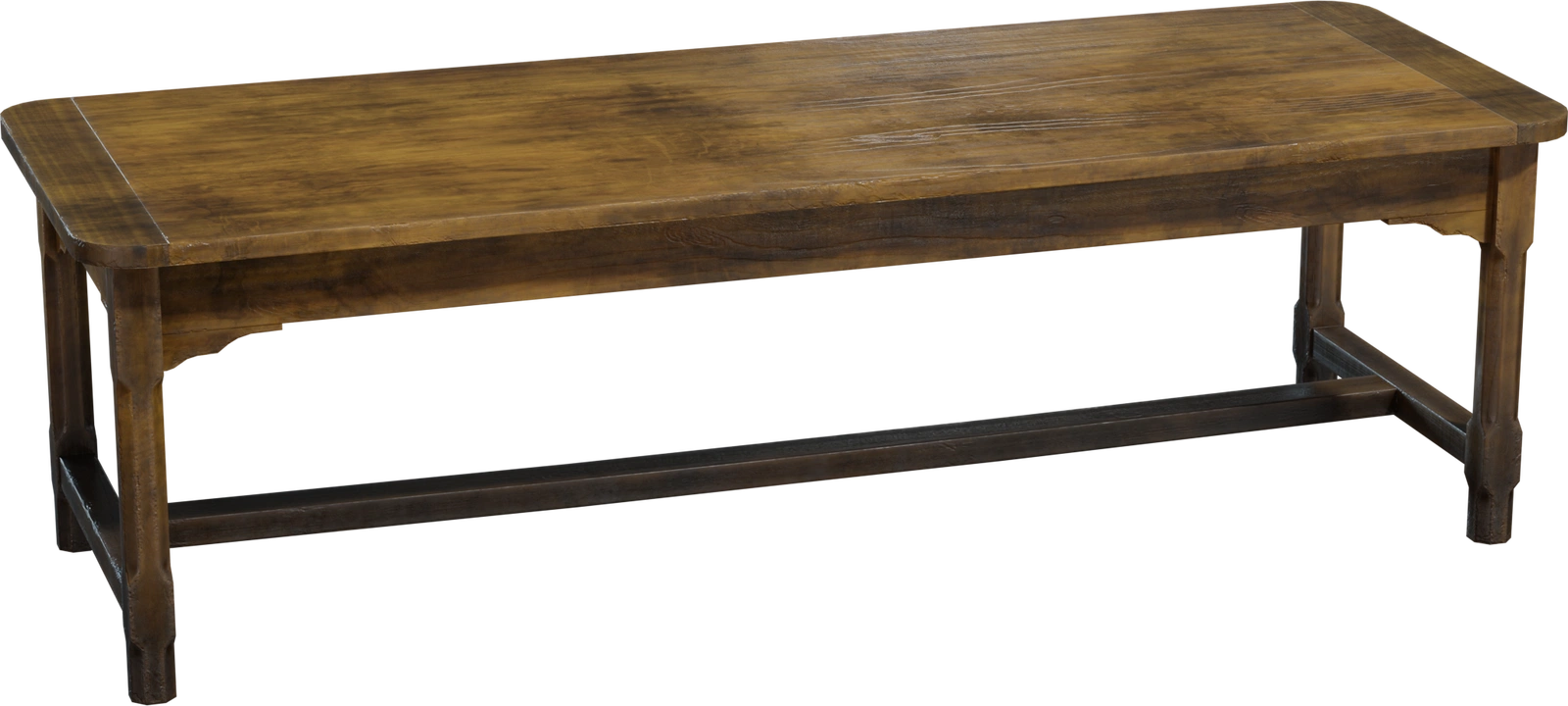 Free 4K model: vintage wooden coffee table with warm worn patina, visible grain, rounded corners, stretcher base and scuffed edges.