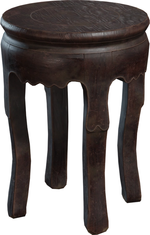 Free 4K model: small vintage wooden side table with a dark, worn finish, scalloped apron and curved legs showing scratches, chips, and aged patina.