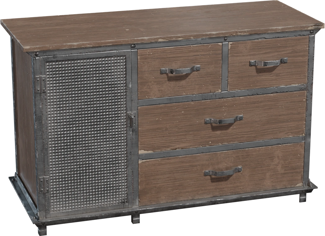 Free 4K model. Vintage wooden sideboard with worn planks, metal trim, riveted mesh cabinet door and three drawers, showing aged industrial detailing.
