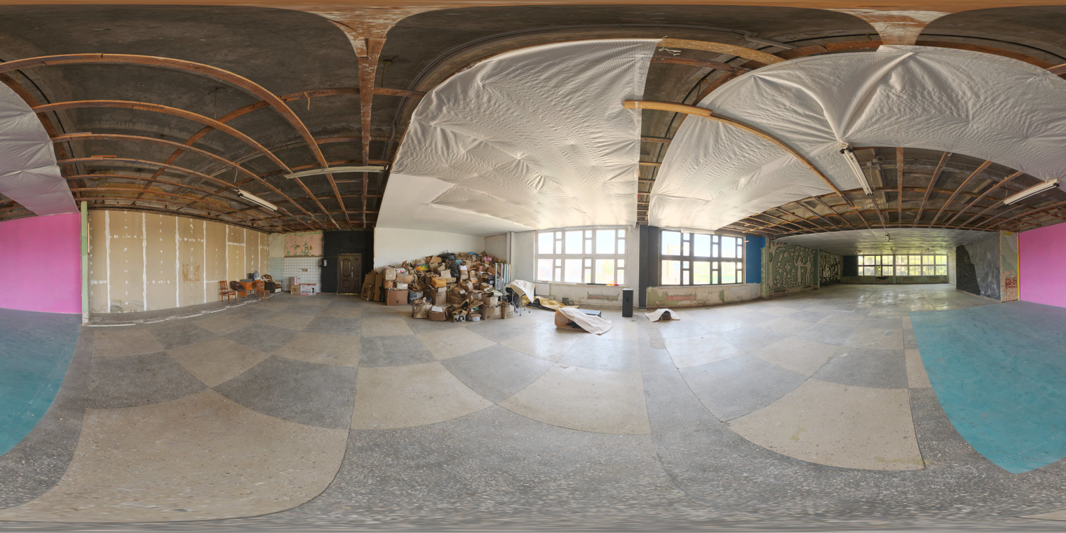 Free 16K unclipped HDRI of an abandoned factory canteen - soft natural window light, medium contrast, indoor industrial hall with boxes, gritty urban mood.