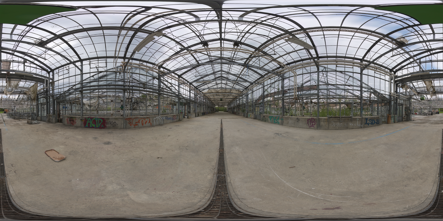 Free 20K unclipped HDRI of an abandoned greenhouse: low-contrast, natural midday overcast light indoors, cool urban industrial concrete and graffiti atmosphere.