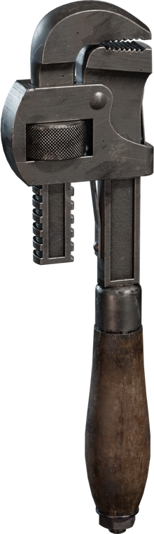 Free 8K model of a vintage adjustable wrench: heavy steel jaws, knurled adjuster, sharp teeth, with a scuffed metal frame and a worn wooden handle.