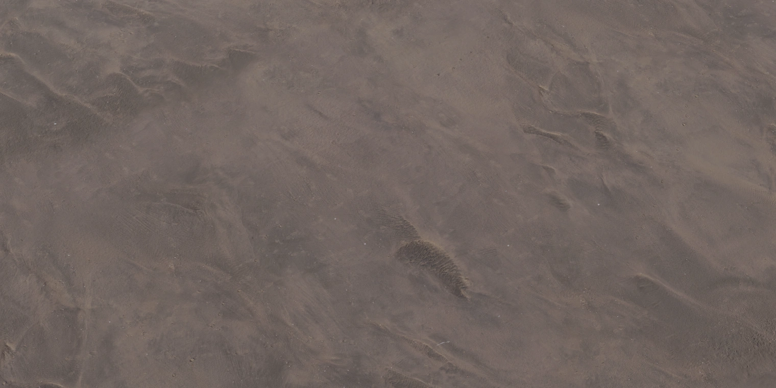 Free 8K texture of flat coastal sand with fine grains, moist dark patches and subtle ripple patterns - an aerial-ready material for terrain and seaside scenes.