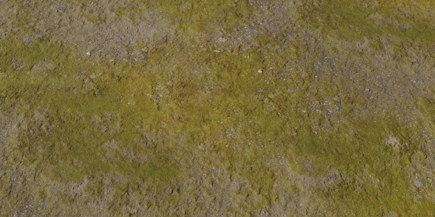 Free 8K aerial rock texture with moss and grass, rough weathered stone with fine gravel and earthy green-brown tones.