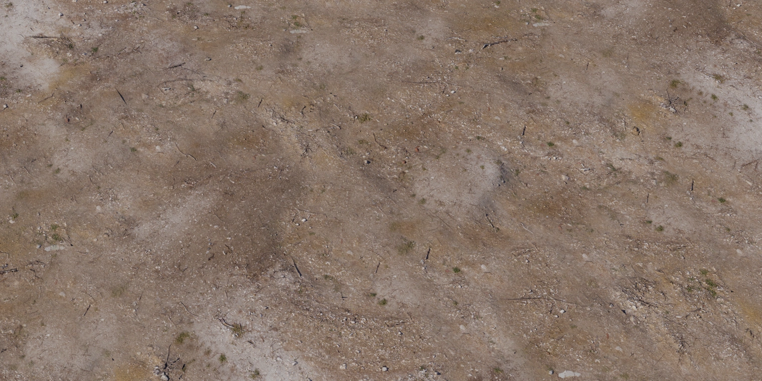 Free 8K texture of dry aerial ground: compacted brown dirt with exposed rocks, scattered stones, dust and subtle moss on a rough, cracked surface.