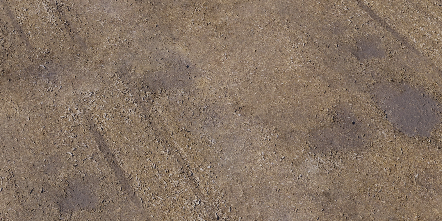 Free 8K aerial wood-and-mud texture: rough compacted earth with wood chips, splinters and subtle tire tracks; gritty, granular, organic debris surface.