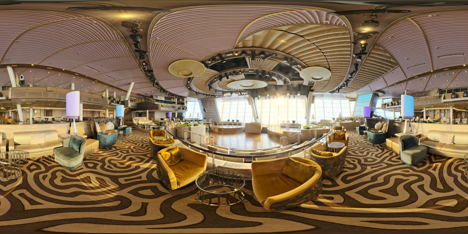 Unclipped, free 16K HDRI of a lounge on a cruise ship at sunrise - warm high-contrast light, mixed lamps and cool accents, glossy reflections.