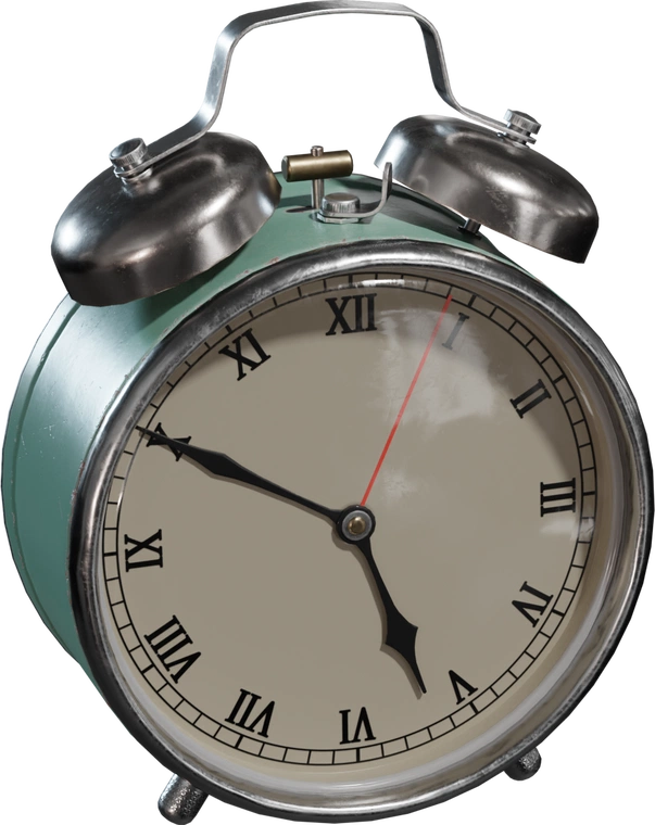 Free 8K rigged model of a retro aqua twin-bell bedside alarm clock with worn metal, Roman numerals, and animatable parts.