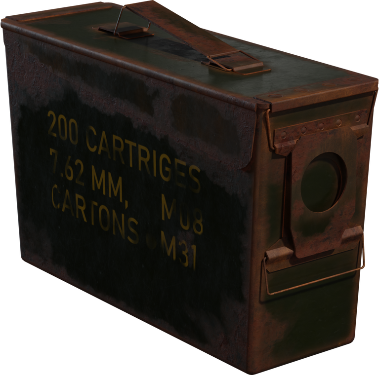 Free 4K model of a metal ammo box: olive drab, yellow stencils, worn paint, rust and dents, hinged lid with latch and handle, gritty realism.