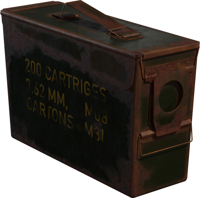 Free 4K model of a metal ammo box: olive drab, yellow stencils, worn paint, rust and dents, hinged lid with latch and handle, gritty realism.