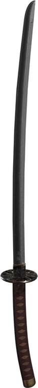 Free 8K model of an antique Japanese katana with a dark, worn blade, ornate tsuba, brown tsuka wrap and aged brass fittings.