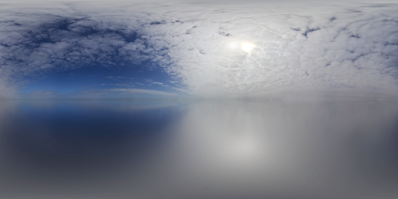 Free 16K HDRI, unclipped: midday partly cloudy sky with high broken clouds and a soft sun, natural medium contrast light, cool blue horizon and reflections.