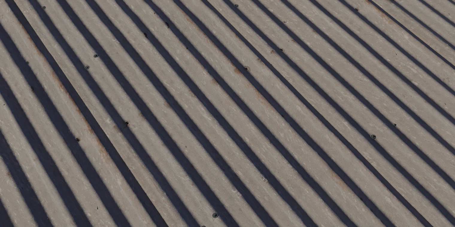 Free 16K texture of a corrugated asbestos sheet with weathered grey surface, dirt, rust streaks, screw holes and a rough fibrous finish.