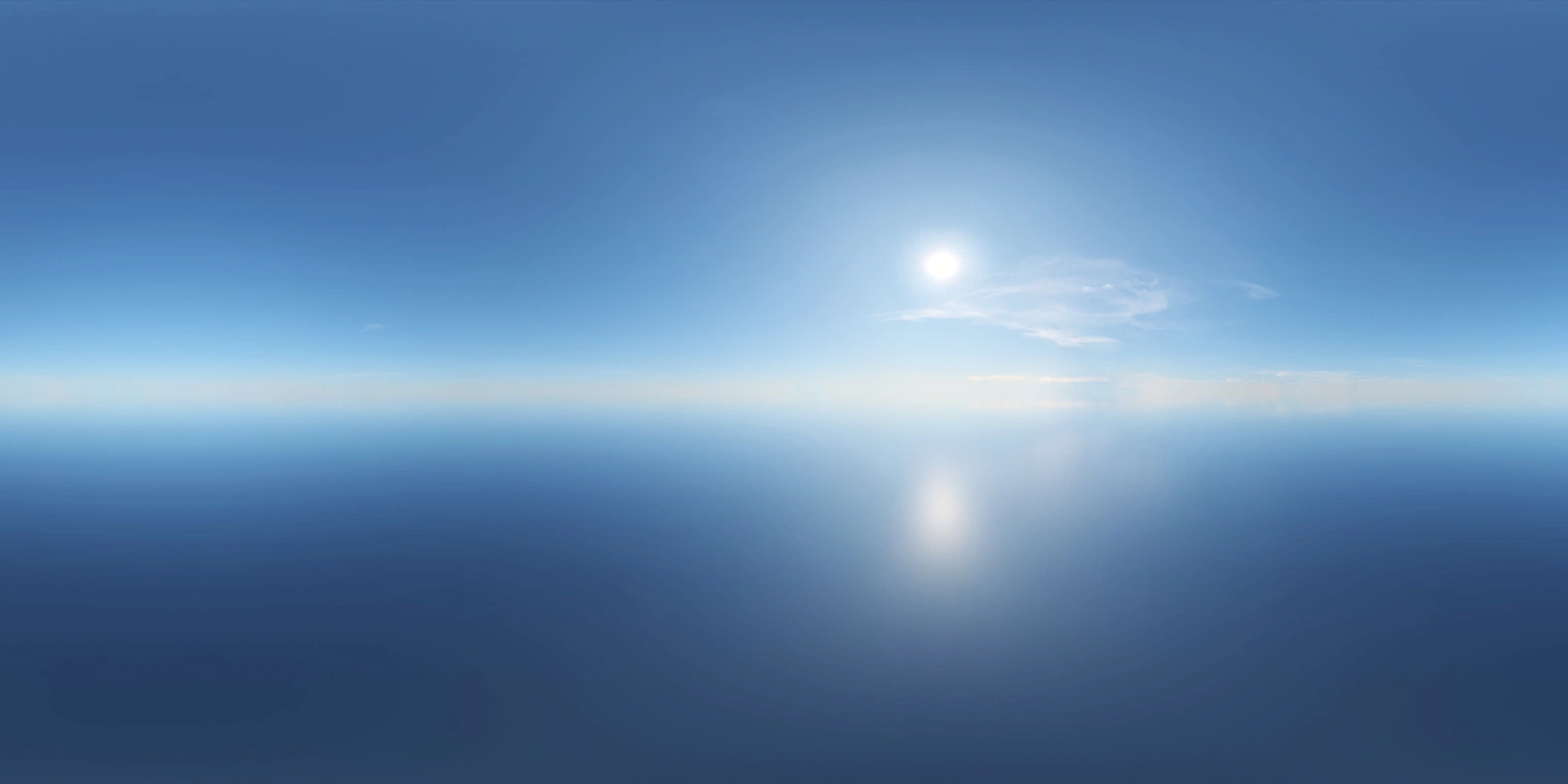 Free 16K HDRI, unclipped: clear pure-blue sky with strong morning sun, high-contrast cool tones, crisp shadows and soft reflections over a calm horizon.