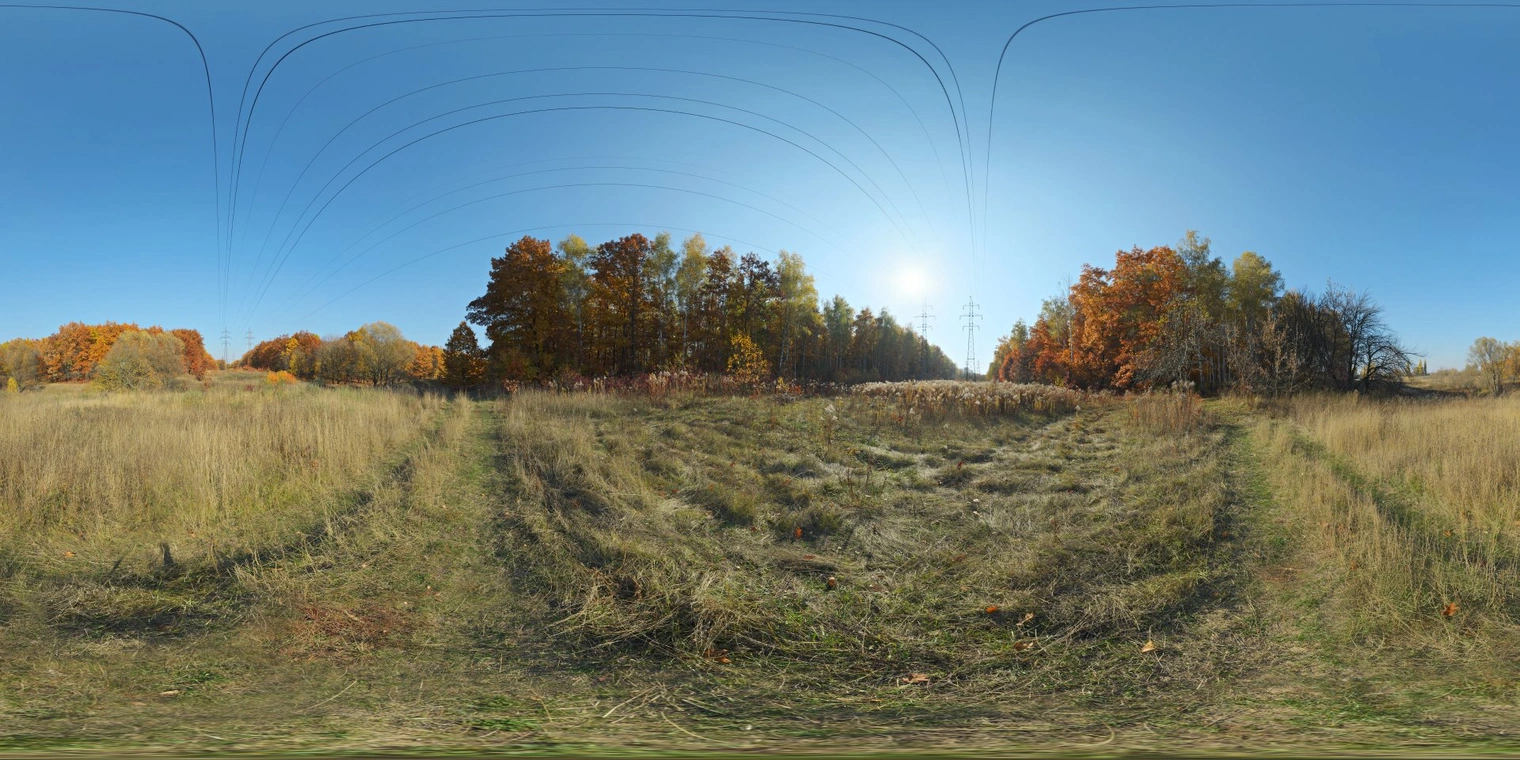 Unclipped, free 16K HDRI of an autumn meadow in clear afternoon sunlight - warm, high-contrast natural light with crisp long shadows, golden grasses and a bright blue sky.