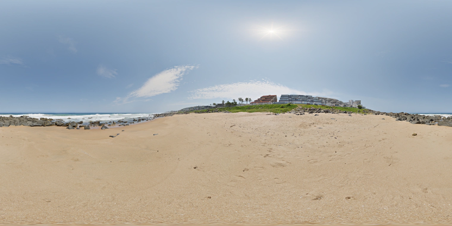 Unclipped, free 24K: Sunny rocky beach at midday. Clear blue sky, small clouds, strong sun with hard shadows, warm sand, rolling surf, vivid, clean contrast.