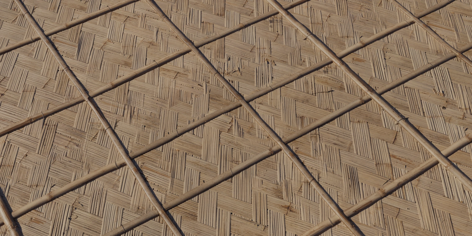 Free PBR bamboo wall texture with woven culm paneling, fibrous surface detail, natural color variation and subtle roughness - great for organic, rustic scenes.