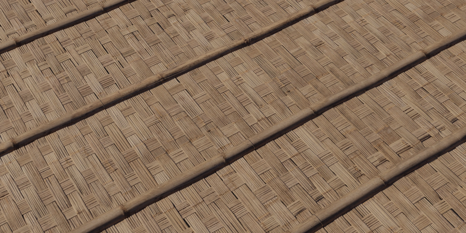 Free PBR bamboo wall texture: woven culm panels with raw bamboo grain, natural color variation and subtle roughness - great for interiors and games.