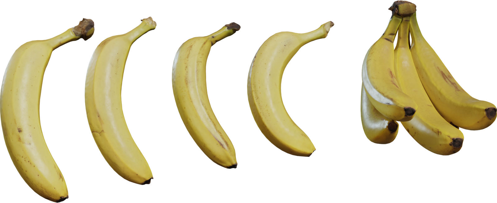 Free 8K model of ripe bananas: four singles and a small bunch, clean geometry with natural curves, scuffed tips and speckled yellow skins.