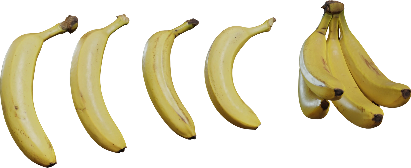 Free 8K model of ripe bananas: four singles and a small bunch, clean geometry with natural curves, scuffed tips and speckled yellow skins.