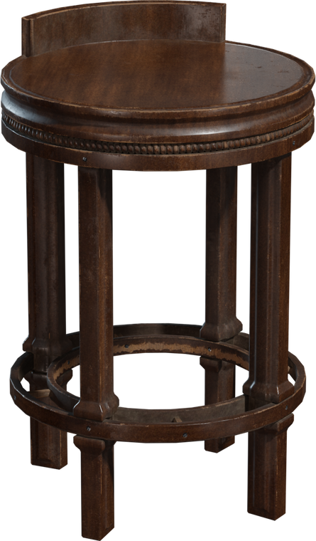 Free 4K model, vintage wooden bar stool with round seat, carved beaded trim, hexagonal legs, circular footrest and worn finish.