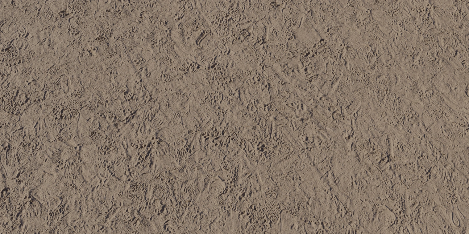 Free 8K texture of dry brown playground sand - compacted, trampled surface with footprints, granular detail, shallow ruts and matte, dusty roughness.