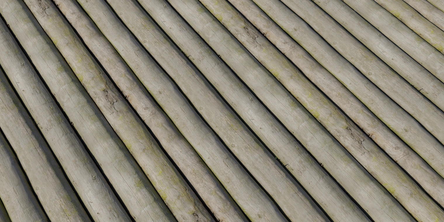 Free 8K texture of stacked rounded wooden beams with weathered gray-brown grain, surface cracks, knots and light green moss staining.
