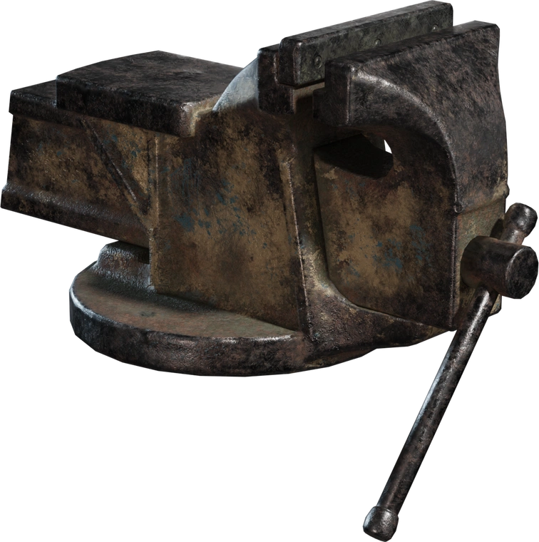 Free 4K bench vice model with worn, rusty metal, realistic scuffs and grime; rigged jaw - ideal for workshop, garage, or industrial/shed scenes.