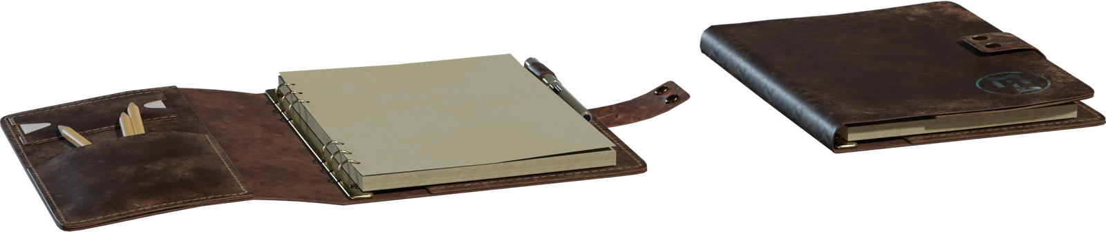 Free 8K leather binder notebook with worn patina, brass rings, stitched pockets, snap strap and pen, embossed logo, realistic paper stack and metal details.