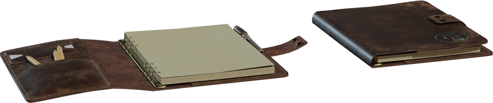 Free 8K leather binder notebook with worn patina, brass rings, stitched pockets, snap strap and pen, embossed logo, realistic paper stack and metal details.