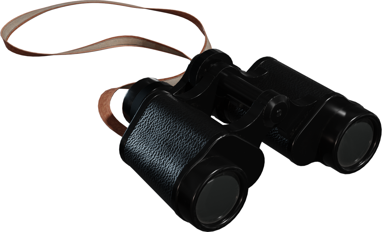 Free 8K binoculars model: classic black metal, textured leatherette grips, knurled focus wheel, clean glass lenses, and a brown strap with light wear.