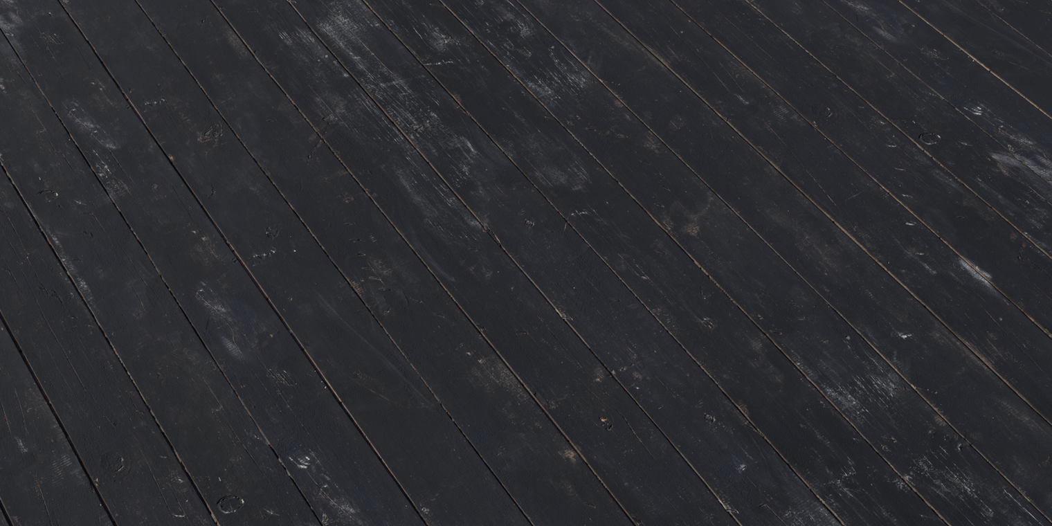 Free 4k texture. Black painted wooden planks - weathered and worn, with scratches, chipped paint, visible grain, narrow seams and a subtle satin sheen.