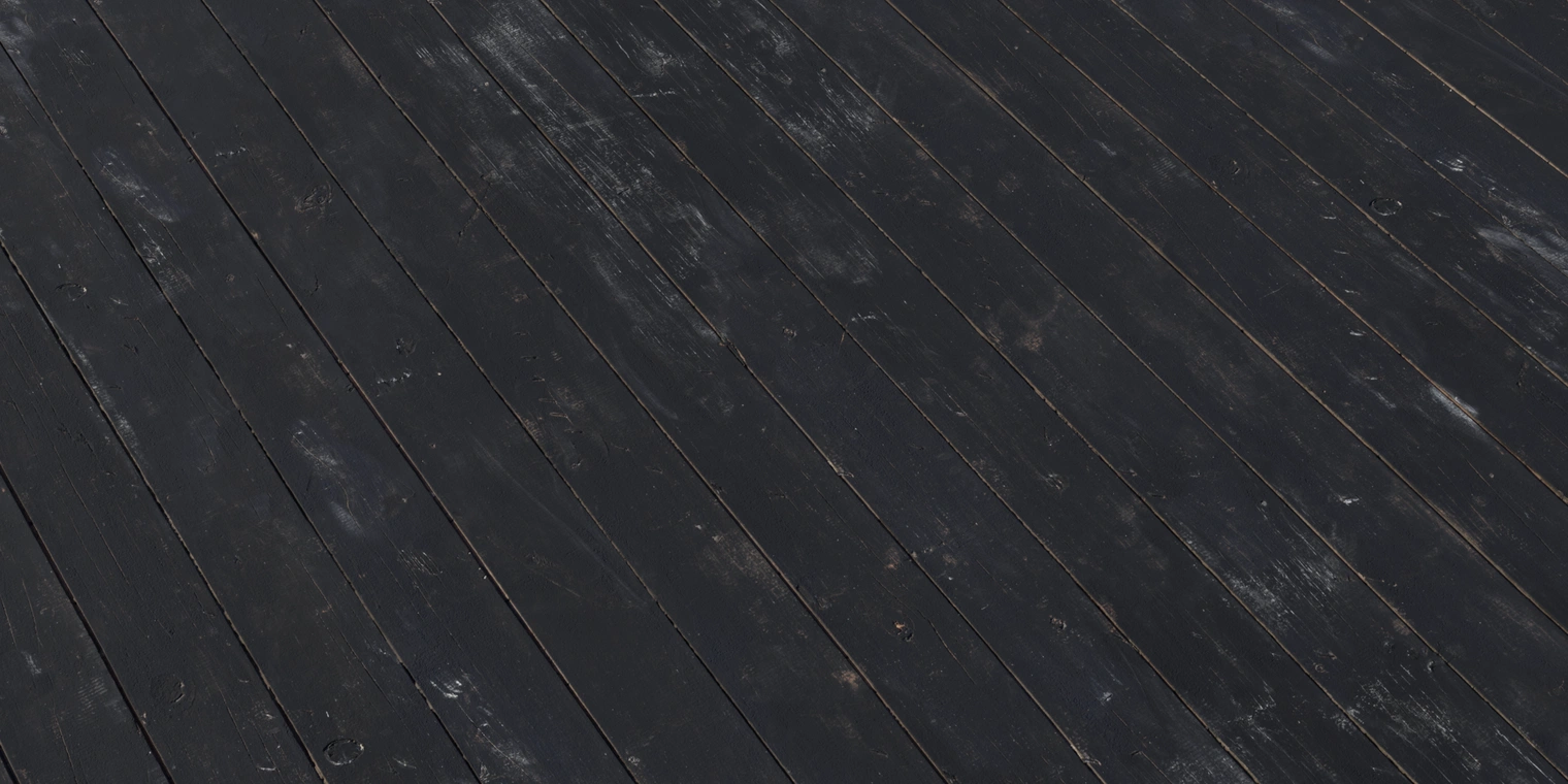 Free 4k texture. Black painted wooden planks - weathered and worn, with scratches, chipped paint, visible grain, narrow seams and a subtle satin sheen.