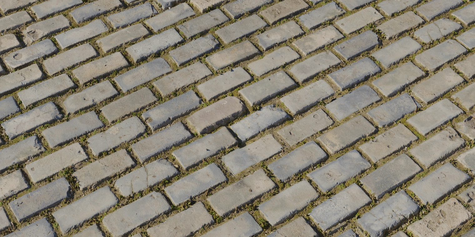 Free 8K texture of weathered blue-gray brick floor tiles with damp sheen, dirt and moss-filled joints, showing worn edges and subtle surface variation.