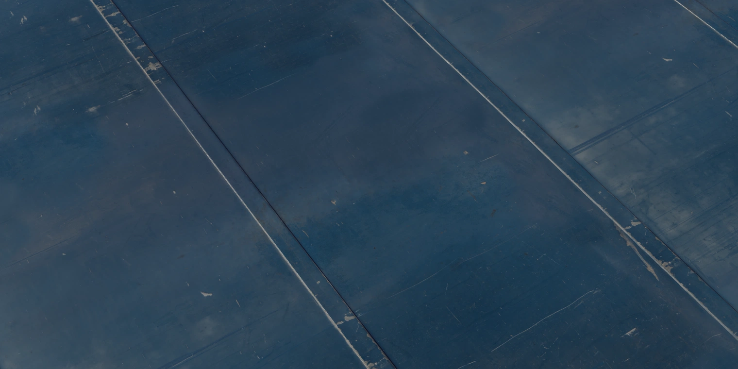 Free 16K texture of painted blue steel plate with scuffs, fine scratches, abrasion marks and seam lines; semi-gloss, worn industrial surface.